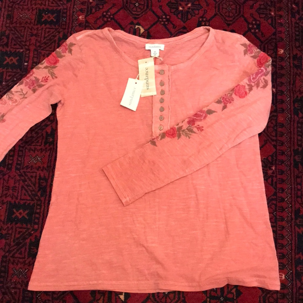 SUNDANCE pink floral embroidered long sleeve top